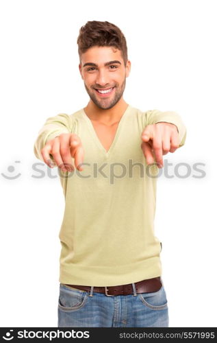 Young handsome man expressing positivity - isolated over white