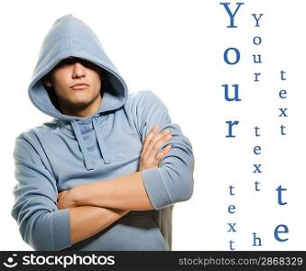 Young handsome man in a hood isolated on white background