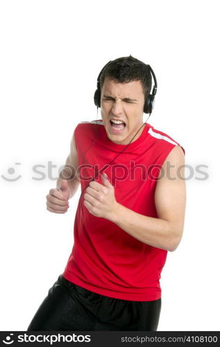 Young handsome man running, jogging red shirt over white background