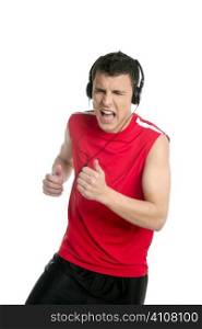 Young handsome man running, jogging red shirt over white background