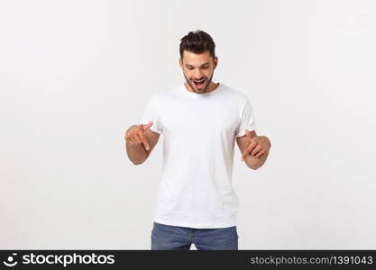 young handsome man shouting aggressively, looking very angry, frustrated, outraged or annoyed, screaming. Isolated over white background. young handsome man shouting aggressively, looking very angry, frustrated, outraged or annoyed, screaming. Isolated over white background.