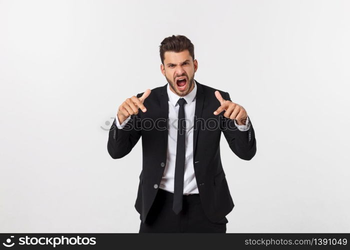 young handsome man shouting aggressively, looking very angry, frustrated, outraged or annoyed, screaming. Isolated over white background. young handsome man shouting aggressively, looking very angry, frustrated, outraged or annoyed, screaming. Isolated over white background.