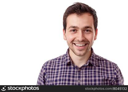 Young handsome man smiling on white background