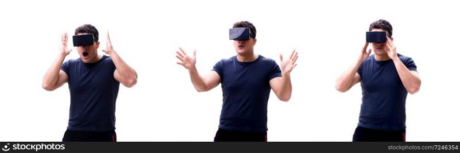 Young handsome man wearing virtual reality VR glasses isolated on white . Young handsome man wearing virtual reality VR glasses isolated o