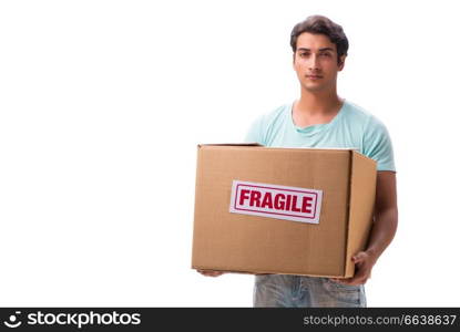 Young handsome man with fragile box ordered from Internet 