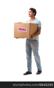 Young handsome man with fragile box ordered from Internet . The young handsome man with fragile box ordered from internet 
