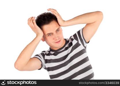 Young handsome man with hands touching head pose isolated on white background