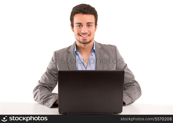 Young handsome man working with laptop computer