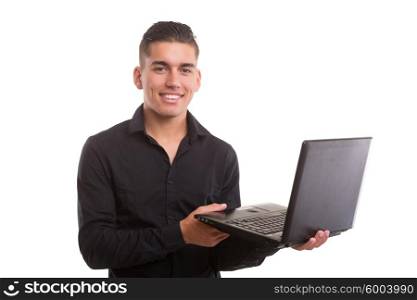Young handsome man working with laptop computer