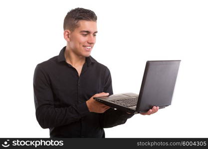 Young handsome man working with laptop computer