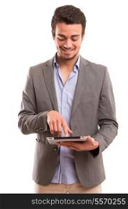 Young handsome man working with tablet computer