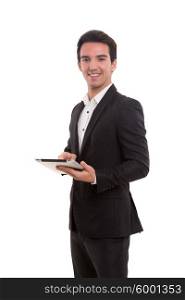 Young handsome man working with tablet computer