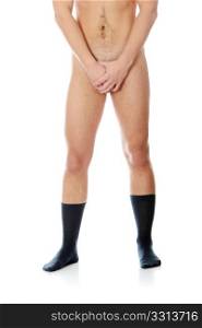 Young handsome naked man weraring only socks (bancruptcy concept), isolated on white