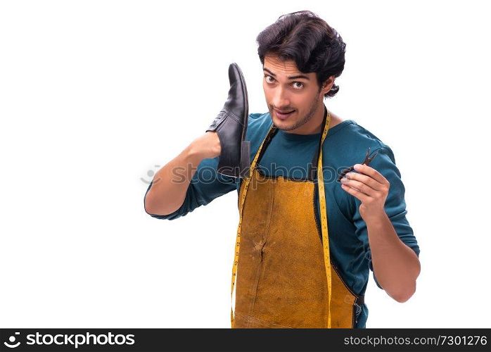 Young handsome shoemaker isolated on white