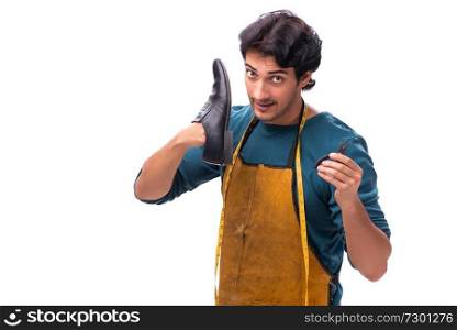 Young handsome shoemaker isolated on white