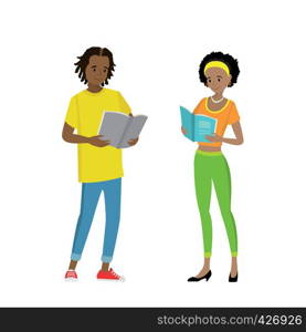 Young happy african american man and woman read books,isolated on white background,cartoon vector illustration. Young happy man and woman read books,isolated on white backgroun