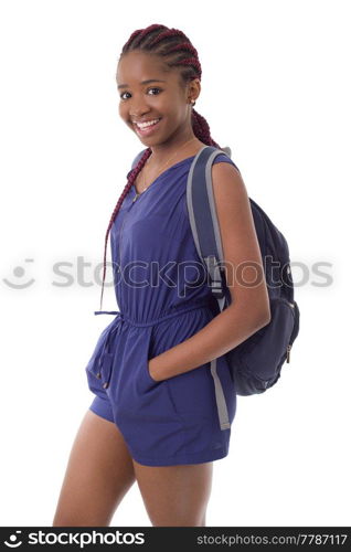 young happy african girl student, isolated on white background