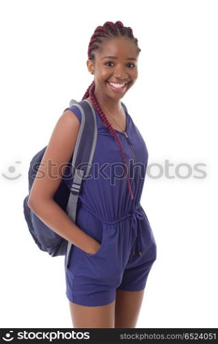 young happy african girl student, isolated on white background. student