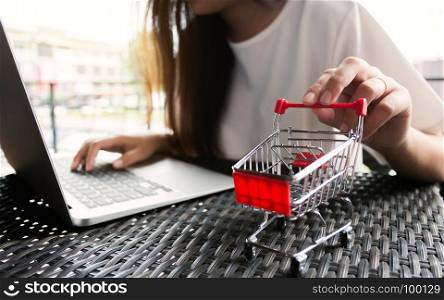 Young happy asian woman online shopping on laptop