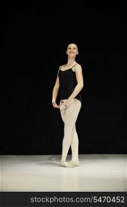 young happy ballet girl ballerina perform dance on stage at ballet school class