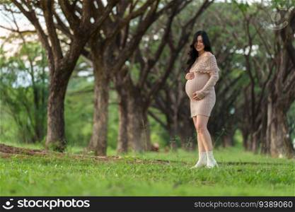 young happy beautiful pregnant woman stroking her belly in the park