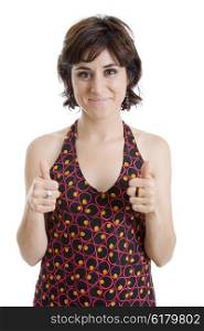 young happy beautiful woman going thumb up