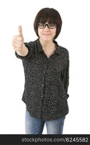 young happy beautiful woman going thumb up, isolated in white