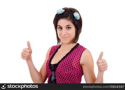young happy beautiful woman going thumbs up