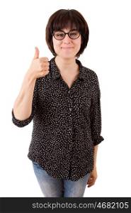 young happy beautiful woman going thumbs up, isolated in white
