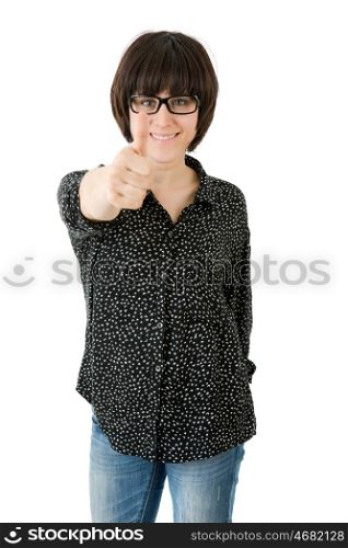 young happy beautiful woman going thumbs up, isolated in white