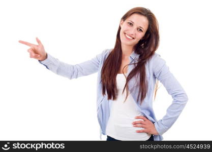 young happy beautiful woman pointing, isolated in white