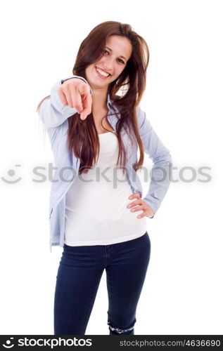 young happy beautiful woman pointing, isolated in white