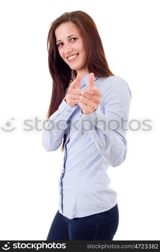 young happy beautiful woman pointing, isolated in white