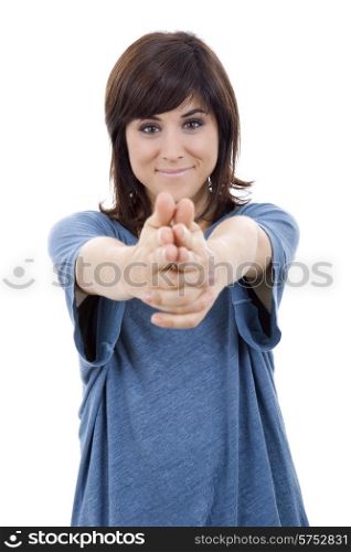 young happy beautiful woman pointing, isolated in white