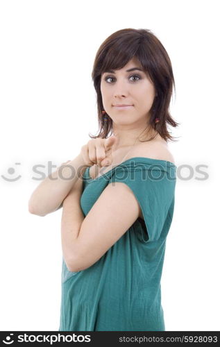 young happy beautiful woman pointing, isolated in white