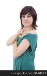 young happy beautiful woman pointing, isolated in white