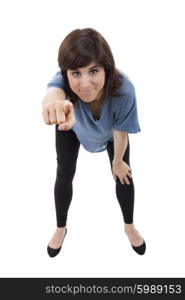 young happy beautiful woman pointing, isolated in white