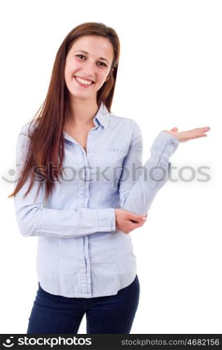 young happy beautiful woman presenting something, isolated on white