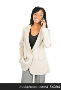 Young happy black businesswoman on cell phone isolated on white background