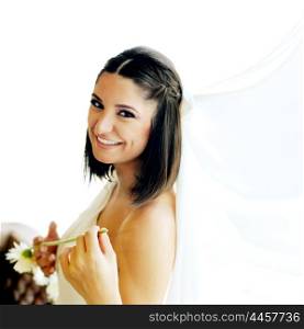 Young happy bride with flower isolated over white background