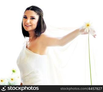 Young happy bride with flower isolated over white background