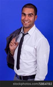 young happy businessman, on a blue background