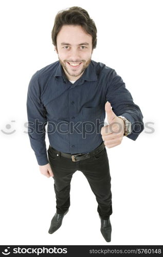 young happy casual man, full body, going thumb up, isolated