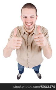 young happy casual man, full body, going thumb up, isolated