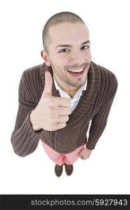young happy casual man, full body, going thumb up, isolated