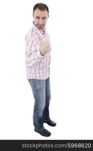 young happy casual man, full body, going thumb up, isolated