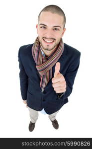 young happy casual man, full body, going thumb up, isolated