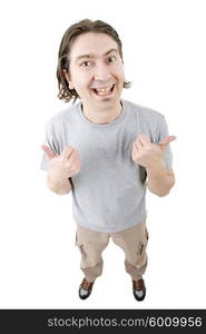 young happy casual man, full body, going thumb up, isolated