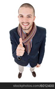 young happy casual man, full body, going thumb up, isolated