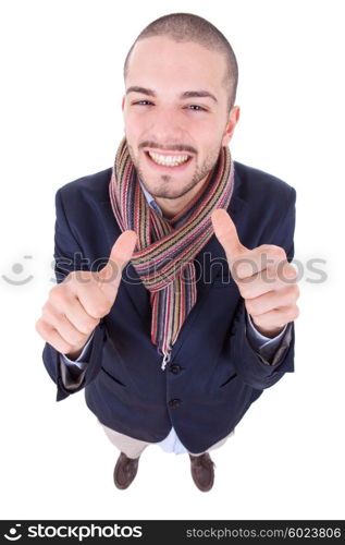 young happy casual man, full body, going thumb up, isolated